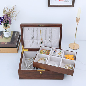 Coffret à bijoux industriel robuste grande capacité en noyer, double couche, avec clé de sécurité intégrée - Product Image 3