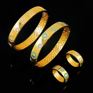 Conjunto de Joyería de Moda en Oferta, Chapado en Oro de 21k, Estilo Dubái Retro, Brazaletes y Anillos con Circonita Azul para Mujer, Joyería para Fiestas - Product Image 2