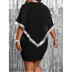 Women's <b>Plus</b> <b>Size</b> <b>Sequin</b> Cape Bodycon <b>Dress</b> O Neck Half Sleeve Asymmetric Evening Party Prom <b>Dress</b> Chiffon Sheer Layer - Product Image 2