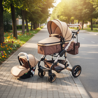 En promotion : Poussette 3-en-1 pour bébé avec châssis en alliage d'aluminium, repose-pieds réversibles, siège auto, poignée en PU et sac à couches pliable