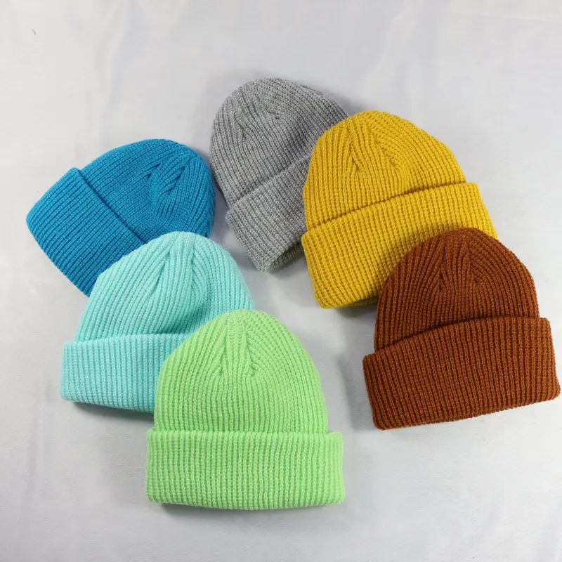 HZM-18510 winter factory custom plain rolled up toque multi neon colors knitted kid flower baby beanie