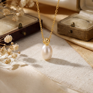 Freshwater Pearl Necklace <b>Copper</b> Jewelry Gold Plated Oval Pearl Pendant Necklace for Women Elegant Gift - Product Image 3