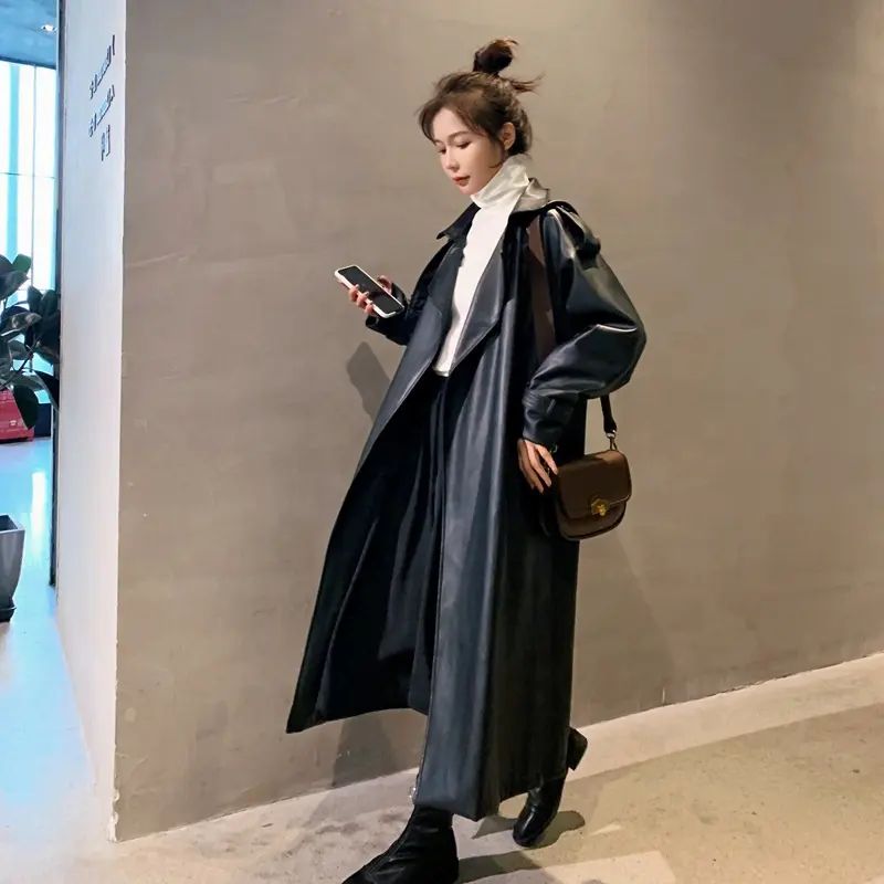 Trench in pelle impermeabile lungo oversize nero primaverile per donna 2022 abbigliamento moda coreano allentato a maniche lunghe