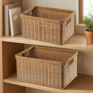 Rattan Storage <b>Baskets</b> Rectangle With Handles Rustic Multi Purpose Neatening <b>Basket</b> - Product Image 3