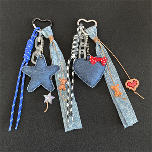Denim Star Heart Keychain Handmade Fabric <b>Bag</b> <b>Charm</b> Y2K Cowboy Style Bear Pendant Backpack Key Ring for Gift - Product Image 1