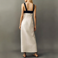 Robe maxi décontractée chic pour femmes en lin noir et blanc sans manches à col en V pour l'été