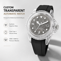 Montre mécanique automatique pour homme avec boîtier transparent personnalisé, verre saphir synthétique, bracelet en silicone étanche, montre de business, cadeau