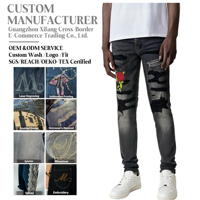 Jeans Skinny Hip-Hop Homme Style Urbain en Denim Lourd Délavé avec Broderie 3D – Vente Directe Usine, Personnalisable