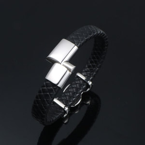 Stainless Steel Woven <b>Leather</b> <b>Bracelet</b> Men's Geometric Design CE539 Gift Jewelry - Product Image 3