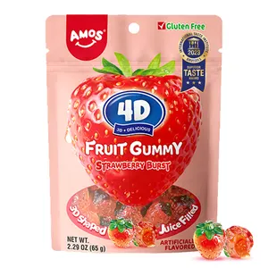 Vente en gros Qq saveur aigre-douce bonbons halal en vrac fourrés à la fraise bonbons gommeux 3D