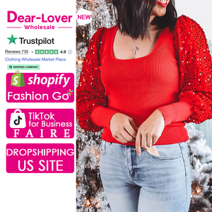 Maglione da Donna Dear-Lover all'Ingrosso, Rosso Fiammante con Maniche in Paillettes, Patchwork a <span class=keywords><strong>Coste</strong></span>, Scollo Quadrato, per le Vacanze - Product Image 1