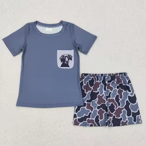 Ensemble 2 pièces pour garçons : T-shirt à manches courtes et short camouflage en coton biologique imprimé, collection chasse pour enfants, styles variés, vente en gros - Product Image 3