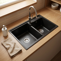 Évier de cuisine en quartz noir, taille personnalisable, double bac, moderne, à encastrer, en pierre de quartz, style fermier