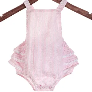 Wholesale High Quality Monogram Girls Striped Pink Sleeveless Pleated Lace Seersucker Swimsuit