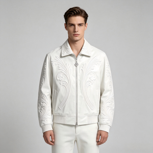 Veste bomber en cuir PU de luxe vintage personnalisée avec motif floral en relief, col rabattable, personnalisation de l'embossage artistique - Product Image 3