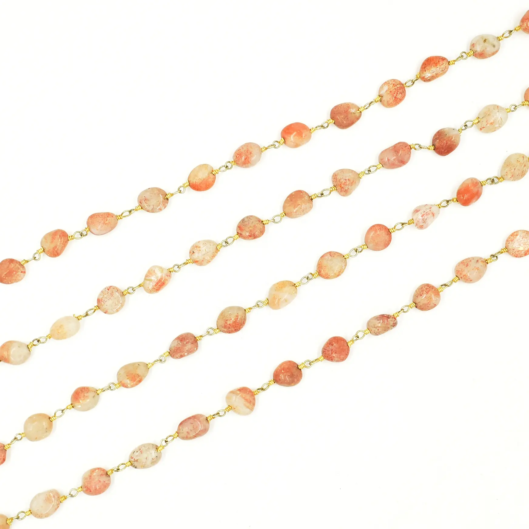Beaded Rosary Chain Natural Sunstone Gold Plated Metal Chain, Smooth Nuggets Beads Chain, Home Decoration Chain