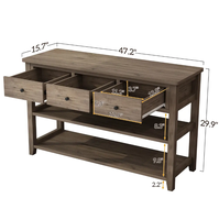 Table console rustique avec 3 tiroirs et 2 étagères ouvertes en bois, table d'entrée, table de canapé, vente en gros pour salon, couloir