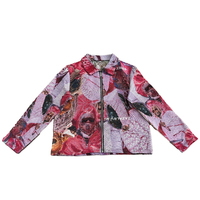 Blouson zippé rose vif pour homme, style vintage, avec collage multi-personnages rap, respirant, broderie et impression de texte audacieuse, coupe oversize, motif tapisserie
