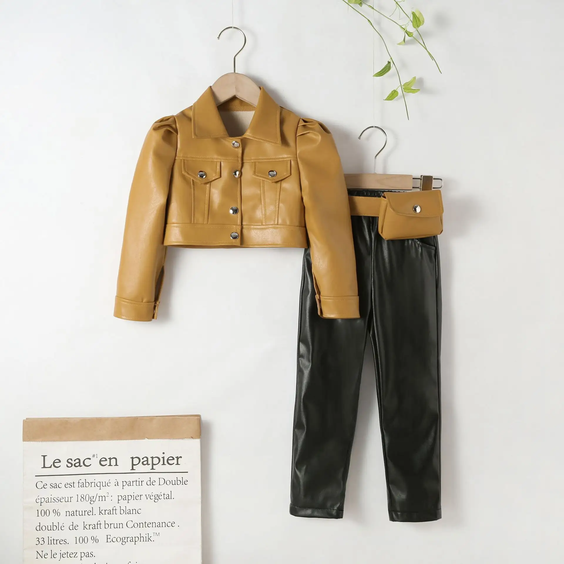 3 Piece /Set New Fashion Girl's Baby Leather PU Bomber Jacket and Harem Pants Suits With Belt