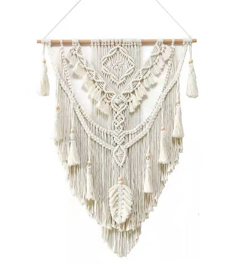 Grote Moderne Bohemian Macrame Wandkleden Hedendaagse Art Deco Houten Stof Geweven Woonset Met Aangepast Logo Voor Hotels