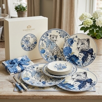 Service de vaisselle en porcelaine personnalisé avec motif léopard bleu, assiettes en céramique, plats à salade floraux pour hôtels, restaurants, complexes hôteliers et détaillants