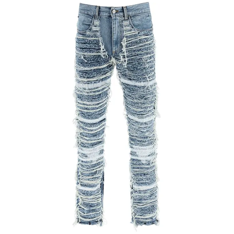 DiZNEW destroy washed denim straight leg jeans men streetwear ripped hole jeans