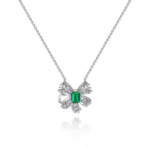 2022 Trending Jewelry Female Emerald Zirconia Platinum Plated Sweet Bow Pendant Necklace And Earrings silver jewelry set