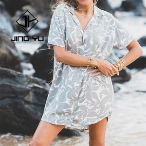 Hot Selling Manufacturer Summer <b>Hawaiian</b> Beachwear <b>Women</b> Rayon Button up Knee Length Shirt <b>Dress</b> - Product Image 3