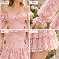 Robe mini personnalisée pour femme, en dentelle florale, à volants, épaules dénudées, corsage corset, manches longues bouffantes, jupe étagée, coupe trapèze