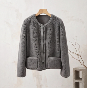 <span class=keywords><strong>Manteau</strong></span> court en laine Teddy pour <span class=keywords><strong>femme</strong></span>, <span class=keywords><strong>blanc</strong></span> crème, col rond, garniture en strass, boutons dorés en relief, vêtement d'extérieur ample pour l'hiver - Product Image 2