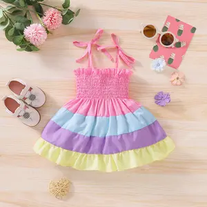 Vestido infantil de 3m-24m, vestido casual de verão para bebês meninas, vestidos sem mangas de patchwork, suspensório de arco-íris, vestido de princesa e praia