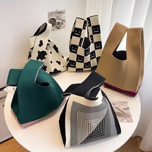 Bolsas de tricô fofas para mulheres e meninas, sacola de compras dobrável estilo coreano, sacola de tricô folgada para mulheres, ideal para uso em cor doce e venda imperdível