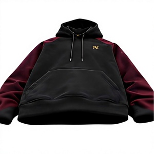 <b>Men's</b> Black <b>Burgundy</b> Color Block <b>Hoodie</b> Embroidered Logo Raglan Sleeve 100% Cotton Fleece Pullover Casual - Product Image 4
