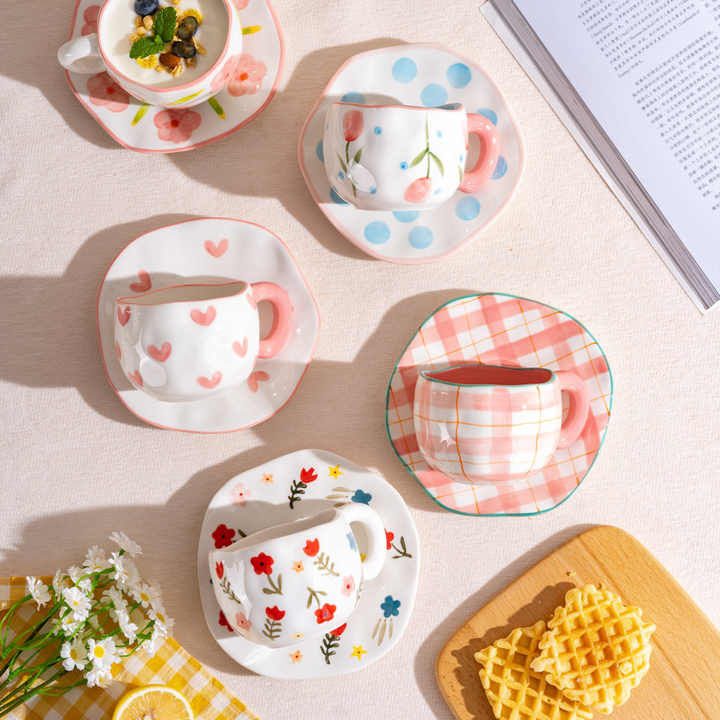 Wholesale Handmade Creative Ceramic Mug Irregular Hand Drawn Cute Mug Ceramic Coffee Mugs with Saucers
