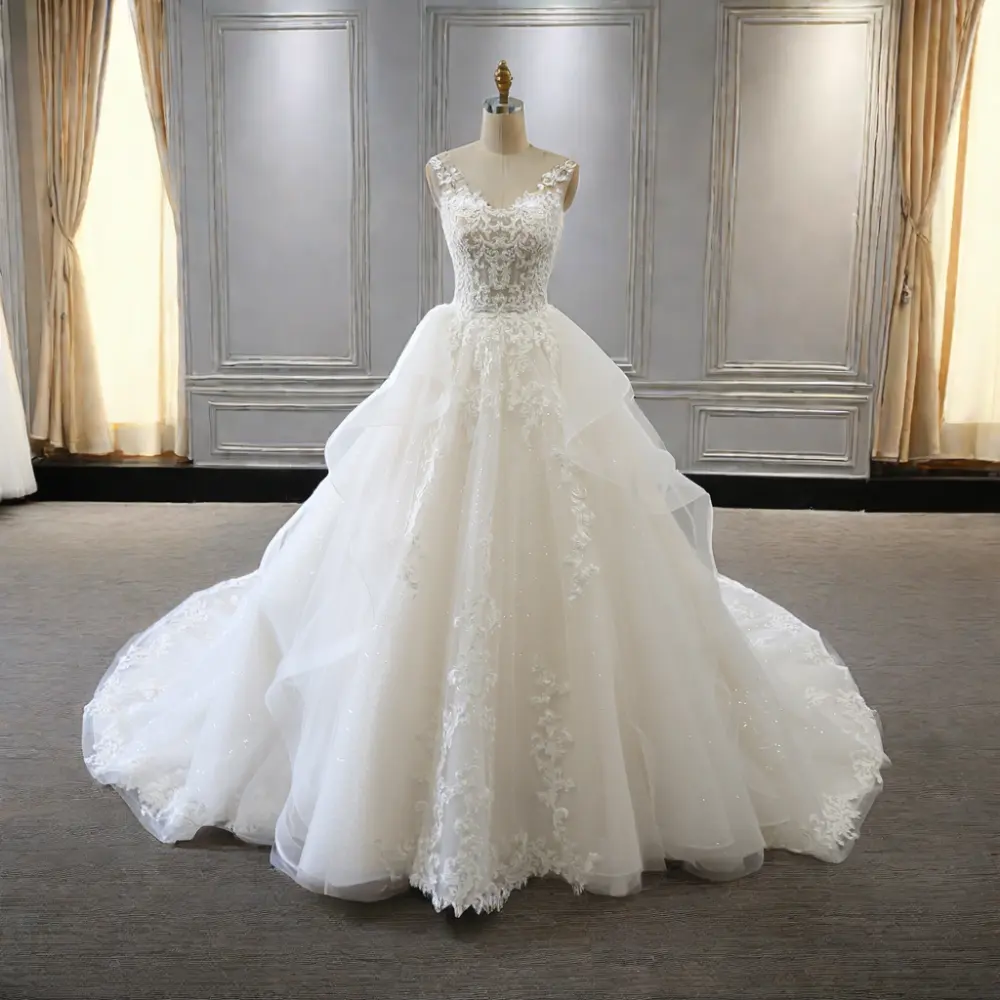 Блестящая Тюлевая Милая декольте, полная юбка, свадебное платье, новый дизайн