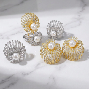 18K Gold Plated Imitation Pearl Jewelry Set Sunburst Pave Zircon Layered Arc <strong>Earrings</strong> Ring for Women Anniversary Wholesale - Product Image 2