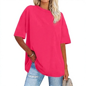 T-shirt décontracté en jersey de coton rose pour femme, coupe ample, col rond, manches courtes, couleur unie, printemps-été - Product Image 1