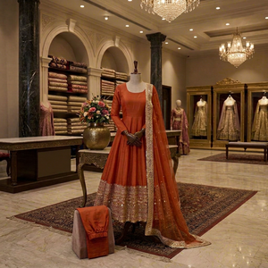 Traje Anarkali Naranja Bordado con Dupatta, Largo hasta el Suelo, Conjunto Tradicional Indio Pakistaní para Mujer - Product Image 1