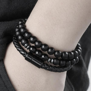 Hip Hop Punk boncuklu erkek bilezik yığılmış siyah akik kaplan gözü deri manyetik toka bilezik ile Set - Product Image 6