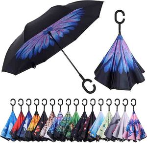KaiHe Wholesale Double Layer Black c Handle Inverted Umbrella Custom Logo Large Reverse Umbrella Reverse Waterproof