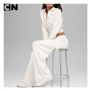 BSCI Certification Sweater Manufacturer Custom Design logo <b>Women</b> Cotton Wool Soft Ribbed 2 Pieces <b>Cropped</b> <b>Cardigan</b> and Pants Set - Product Image 3