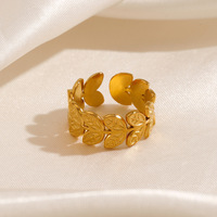 Bague en acier inoxydable motif feuille pour femme, style vintage ethnique, plaqué or véritable, ajustable, pour l'index, tendance européenne et américaine