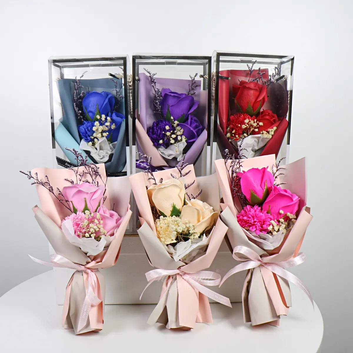 Oeillets artificiels en gros d'usine rose petite boîte-cadeau pour la fête des mères, cadeaux de vacances fleurs artificielles