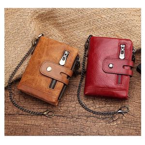 Wholesale Custom Luxury Genuine Leather Small Double Zipper <b>Wallet</b> Slim Minimalist <b>Rfid</b> Blocking <b>Men</b> <b>Wallet</b> With Metal Chain - Product Image 1