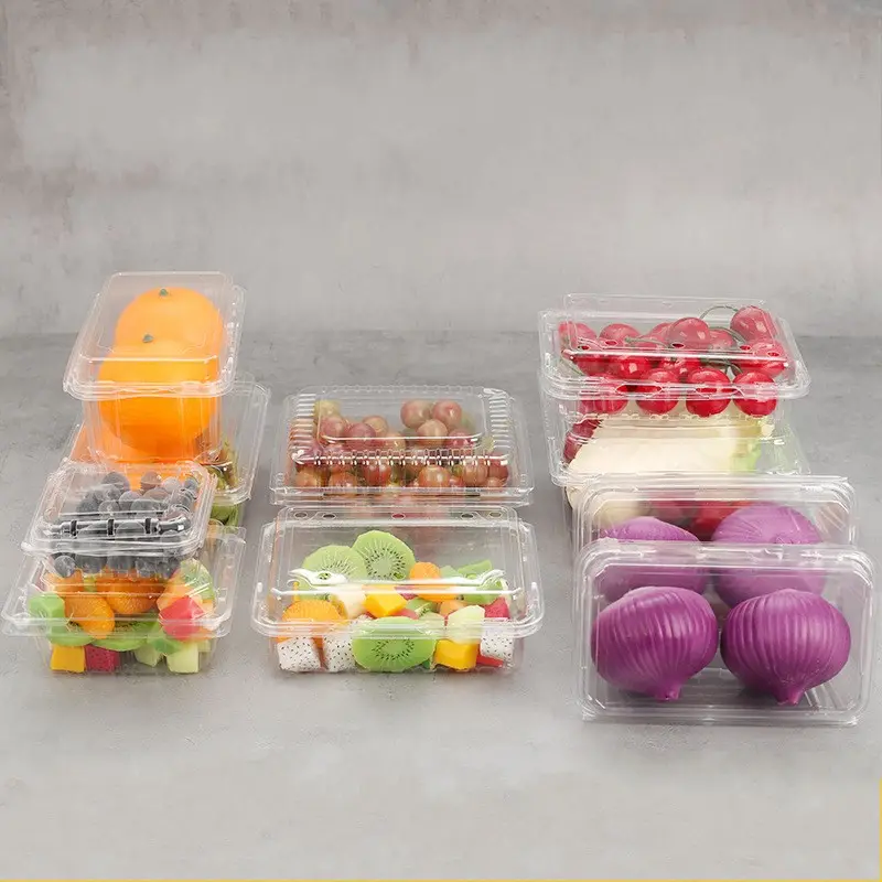 disposable clear PET fruit container with hinged lid plastic fruit nut salad packaging box