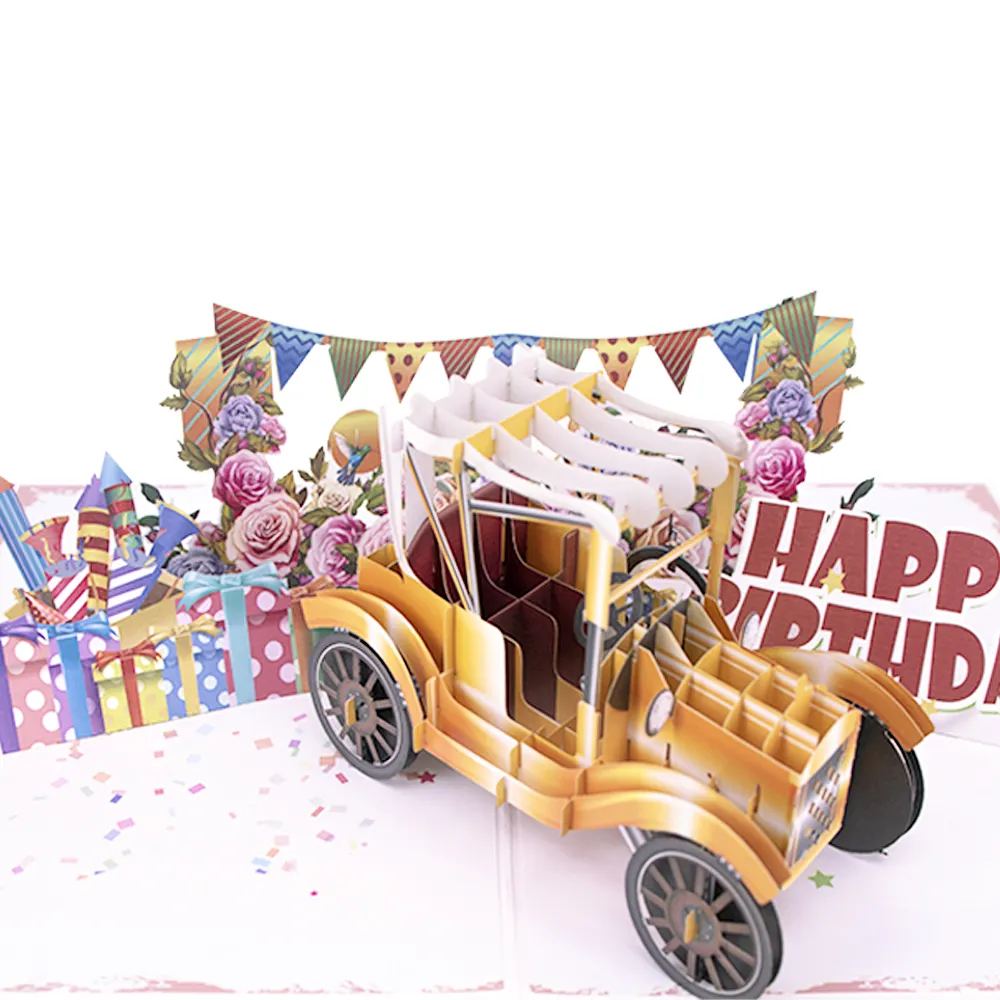 Tarjeta de felicitación de feliz cumpleaños, tarjetas pop-up 3d de coche clásico amarillo