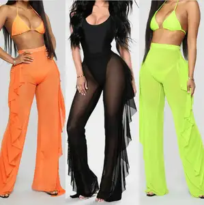 2022 ins design ruffle solid color casual sexy mesh beach pants transparent bikini trouser women cover up pareo