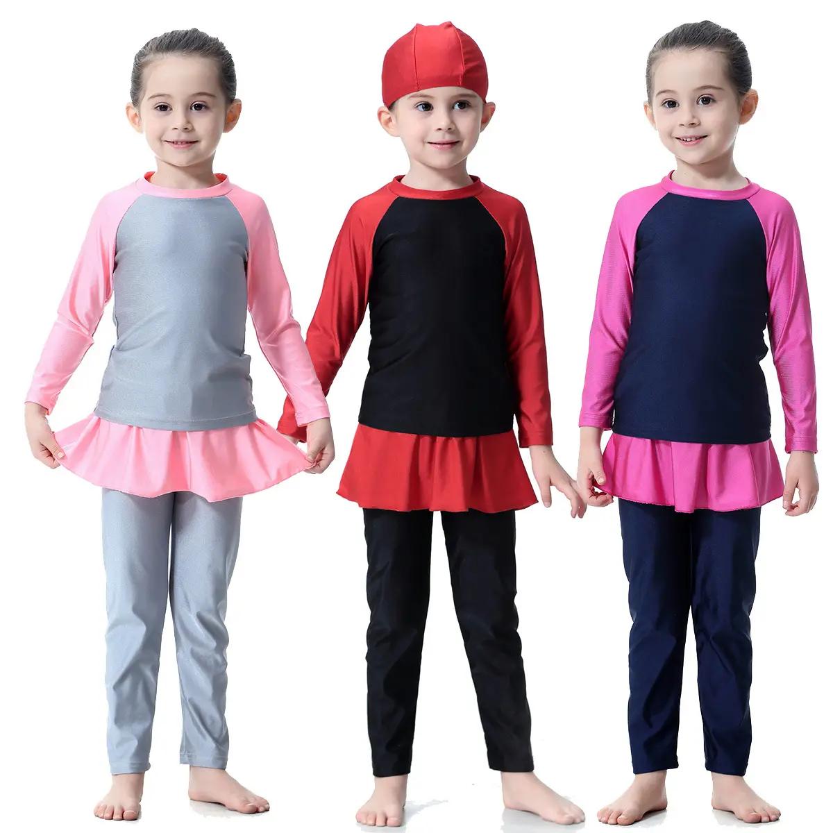 Trajes de baño musulmanes de 3 piezas para niñas, trajes de baño bonitos para niños, sombreros, Tops de manga larga, pantalones islámicos para niños