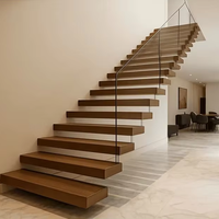 Escalier flottant moderne en bois Prima pour intérieur, avec garde-corps en verre sans cadre et kit d'escalier à monte-escalier ouvert pour villa