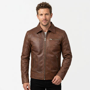 Syed Sarfraz Industries Men Brown Sheep Skin Genuine <b>Leather</b> Motorcycle <b>Jacket</b> Loose Fit Zip Casual <b>Vintage</b> Style Breathable - Product Image 1